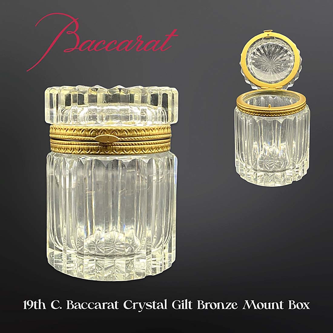 19th C. French Baccarat Crystal Gilt Bronze Trinket Box: 19th C. French Baccarat Crystal Gilt Bronze Mounted Trinket Box. H 5.5" x D 4.4"
