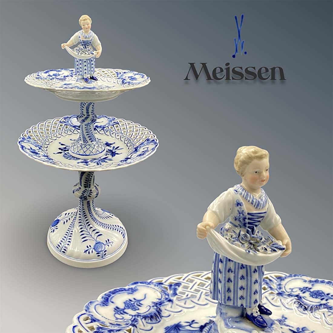 19th C. Meissen Hand Painted Blue Figural Double Deck Centerpiece, Signed: 19th Century German Meissen Hand Painted Blue Figural Double Deck Centerpiece, Hallmarked. H 16.25" x D 9"