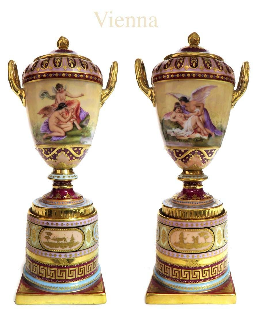 19th C. Pair of Hand Painted Royal Vienna Urns/Vases: 19th C. Pair of Hand Painted Royal Vienna Urns/Vases. Austrian Porcelain. H 9.5"