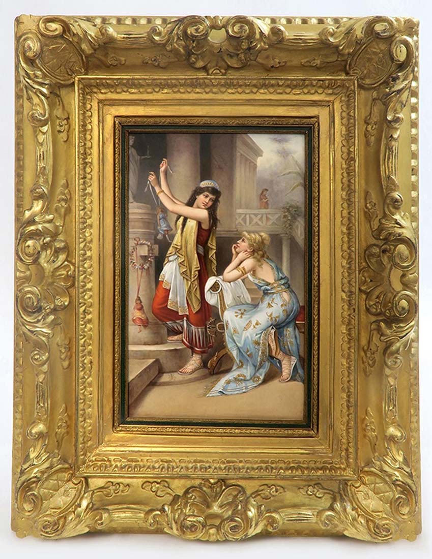 Large Orientalist Berlin KPM Plaque of Two Women: Large Orientalist Berlin KPM Plaque of two Women. German Hand Painted KPM Porcelain Plaque. Frame: 23" x 17.5"; Plaque: 12.5" x 8"