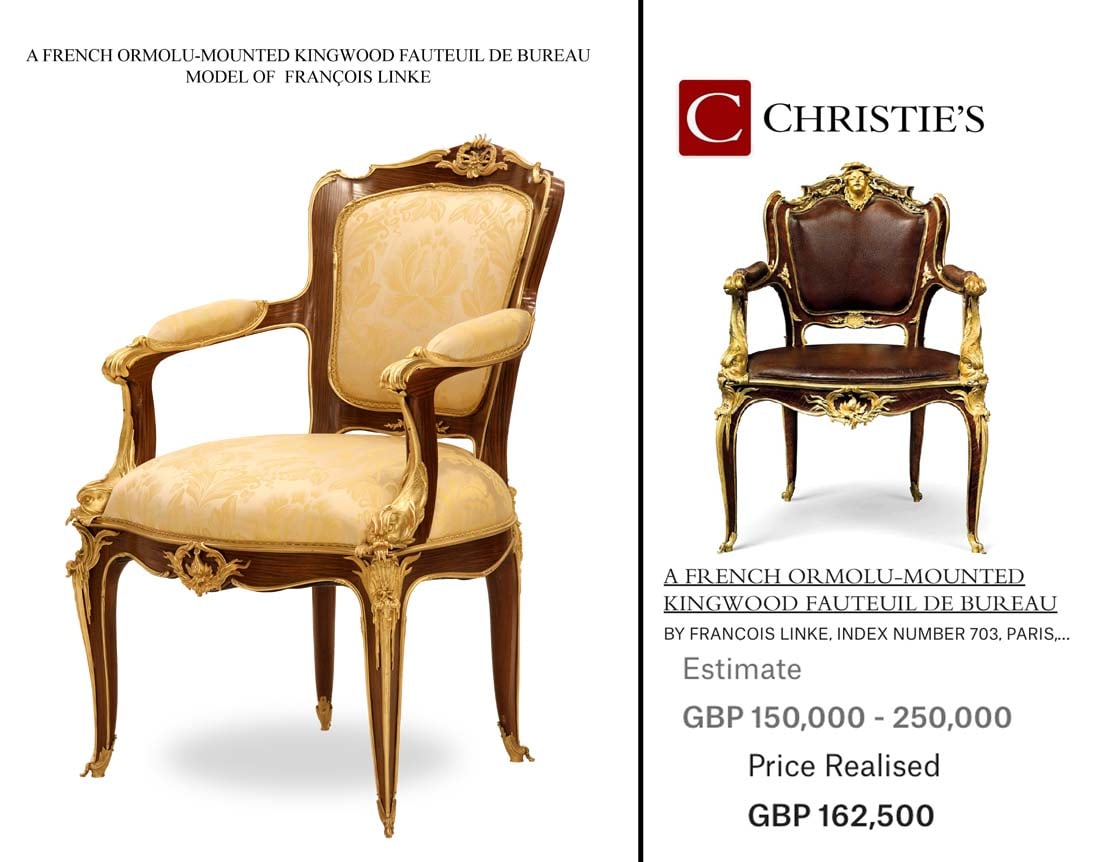 A FRENCH MODEL OF F. LINKE BRONZE KINGWOOD FAUTEUIL DE BUREAU CHAIR: A FRENCH MODEL OF FRANCOIS LINKE ORMOLU-MOUNTED KINGWOOD FAUTEUIL DE BUREAU CHAIR. H 38" x 25" x 20"