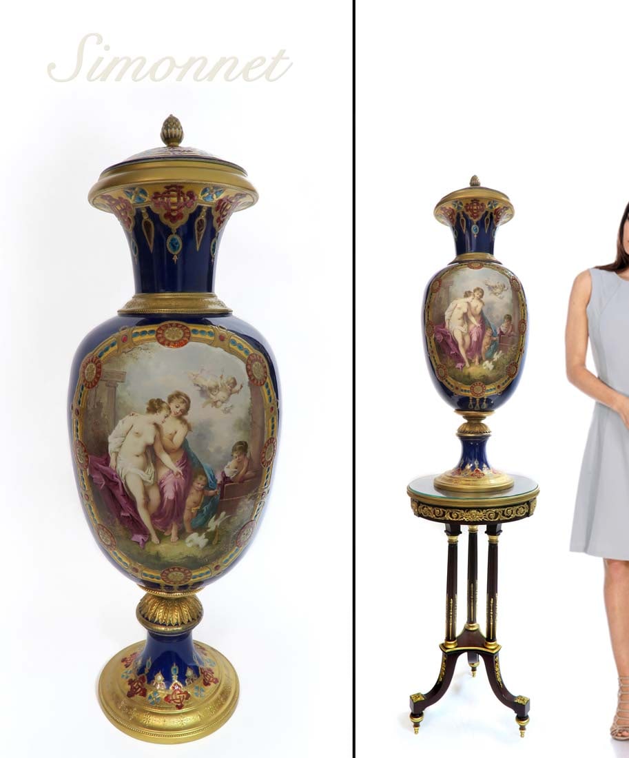 35" Large French Sevres porcelain Vase by Simonnet: H 35" Large French Sevres Porcelain Vase by Lucien Simonnet. Note: The base is NOT included!