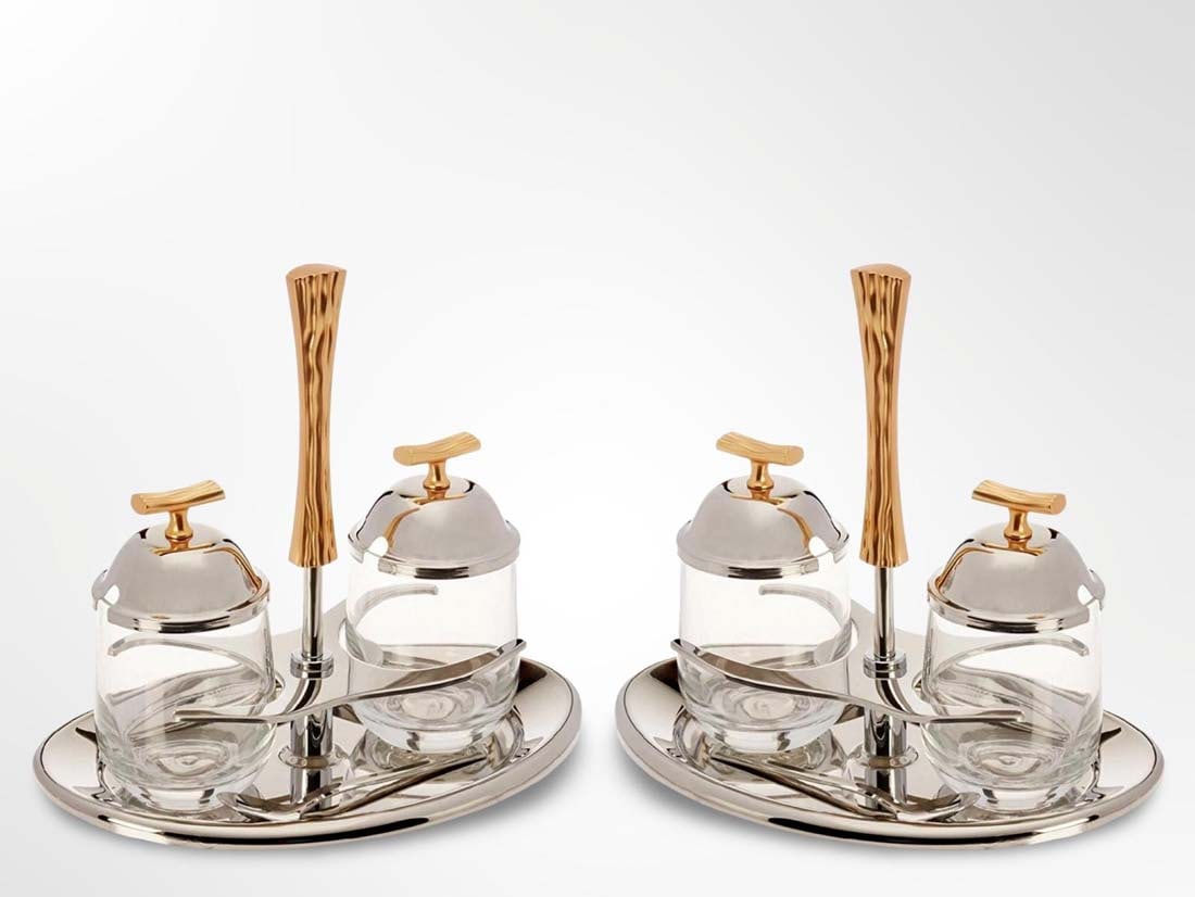 A Pair of Double Jam Two Tone Matte Gold Steel Lidded Jar on A Tray Holder (1 of 4)