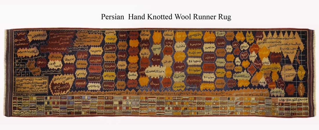 A Persian Hand Knotted Wool Runner Rug, Countries Flags Designed: An Iran Persian Hand knotted Wool Runner Rug with The world countries Names and Flags in Farsi language design. 150" x 42"