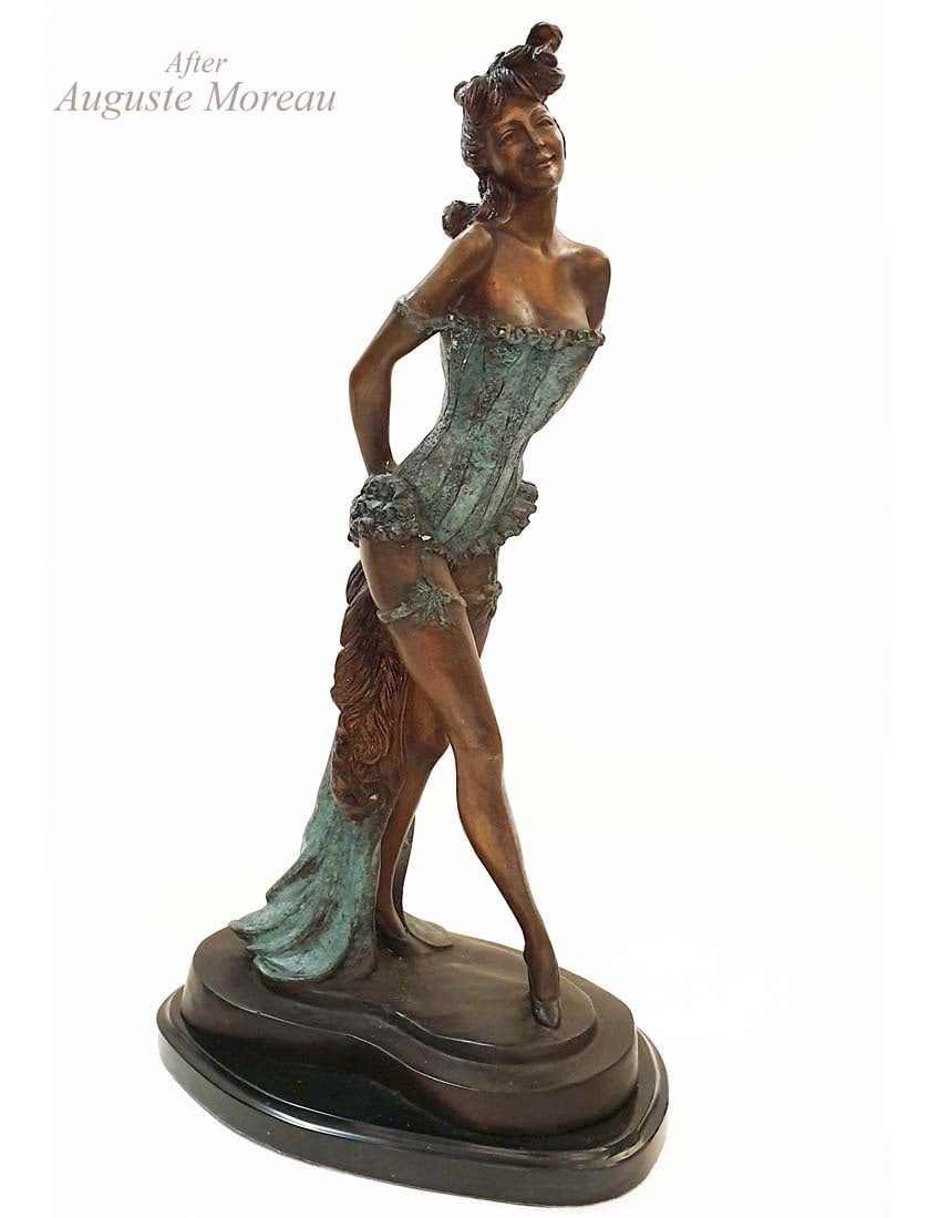 Peacock Dancer, A Post Auguste Moreau Bronze Figurine: The Peacock Dancer, A Large After Auguste Moreau Art Deco style Patinated Bronze Sculpture on Marble base. Signed by "A.Moreau". H 23" x 8.5" x 12.5". About Artist: Auguste Moreau (1834 - 1917) was a
