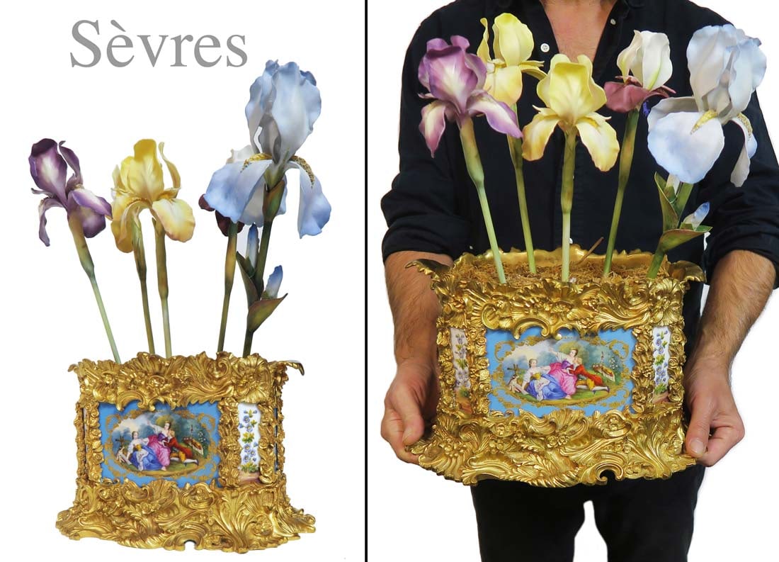 19th C. Sevres Bronze Jardiniere With Porcelain Flowers: 19th Century French Sevres Hand Painted Porcelain plaque & Bronze Jardiniere with Hand Made Porcelain Flowers. 12" x 6" x H 8"
