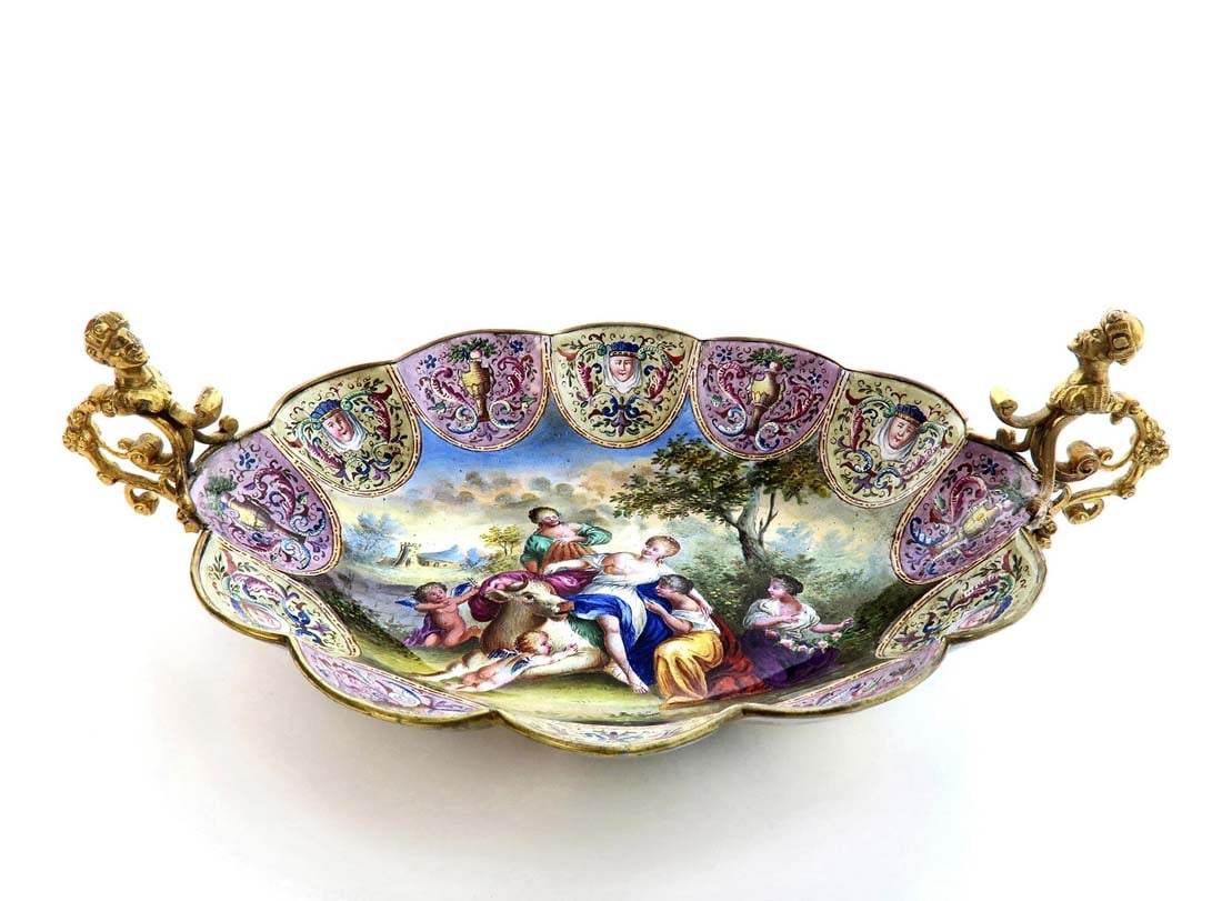 A Large Viennese Enamel Tray: A Large Viennese Enamel Tray. Austrian Hand painted. 7.5" x 4.7" x H 2.5"