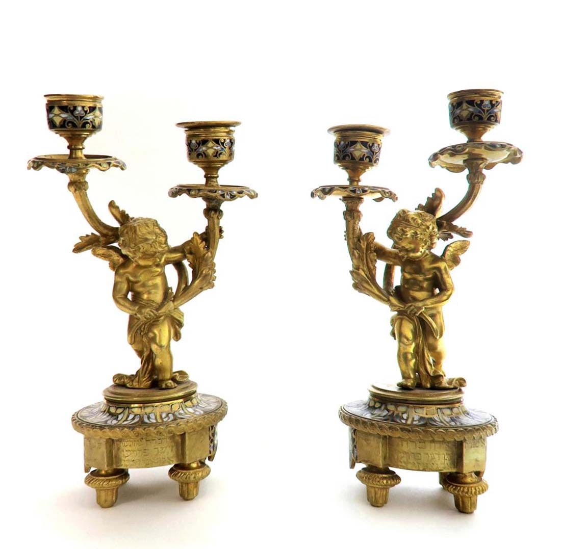 19th C. Judaica Champleve & Bronze Clock Set - 3