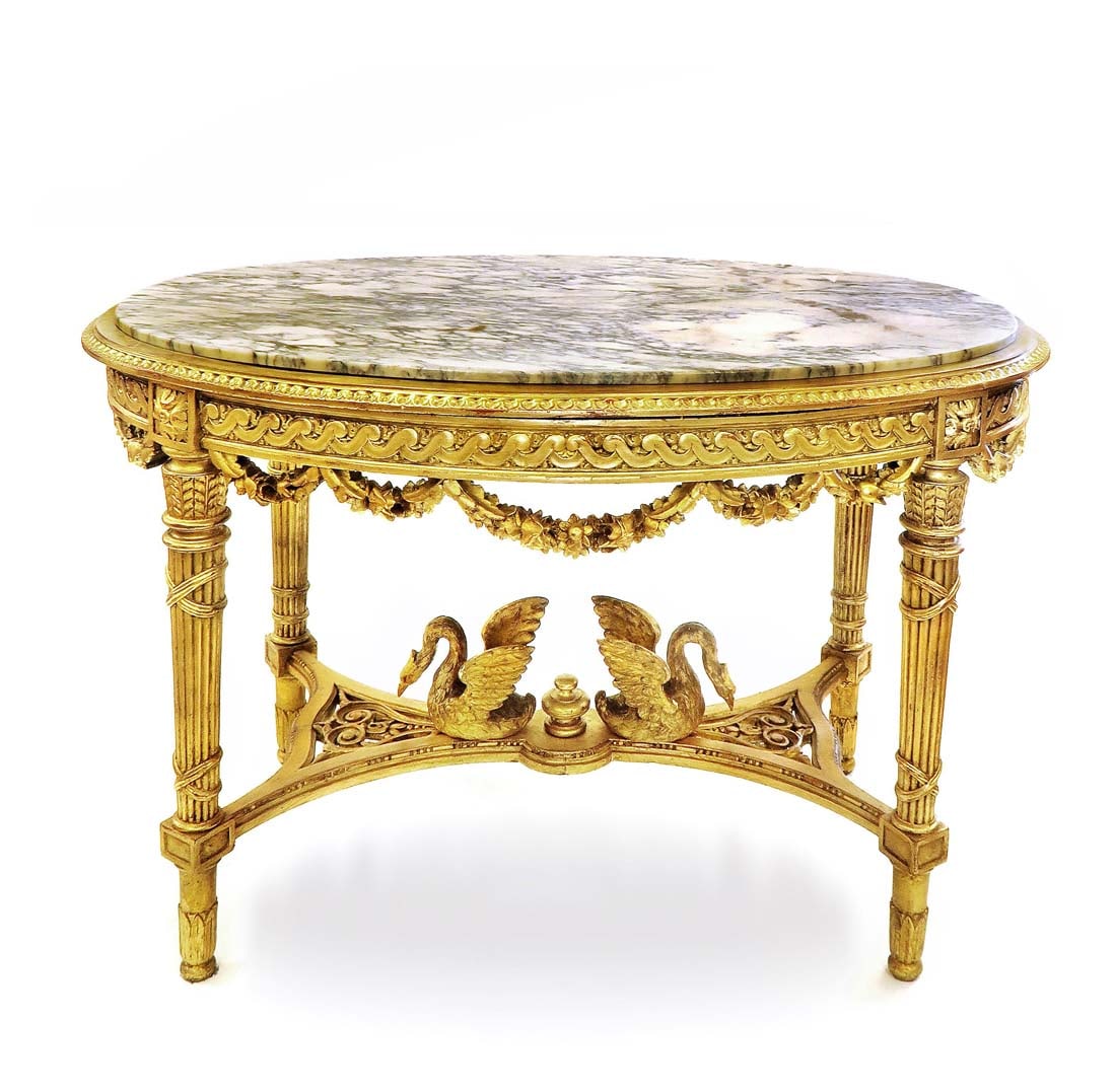 A LOUIS XVI FIGURAL GILTWOOD AND MARBLE-TOP TABLE: A LOUIS XVI FIGURAL GILTWOOD AND MARBLE-TOP TABLE, LATE 18TH CENTURY. 48" x 31" x H 32"