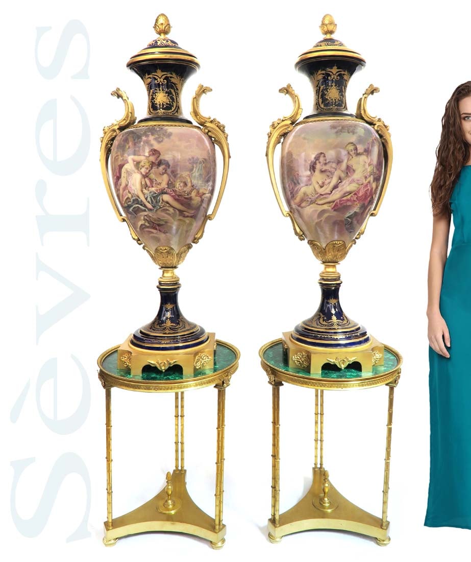 A MONUMENTAL PAIR OF SEVRES COBALT VASES, SIGNED MAXANT: A MONUMENTAL PAIR OF ORMOLU-MOUNTED SEVRES COBALT-BLUE GROUND VASES AND COVERS, 19TH CENTURY, FRENCH, SIGNED MAXANT. Note: The pedestals are NOT included! H 54" x W 18"