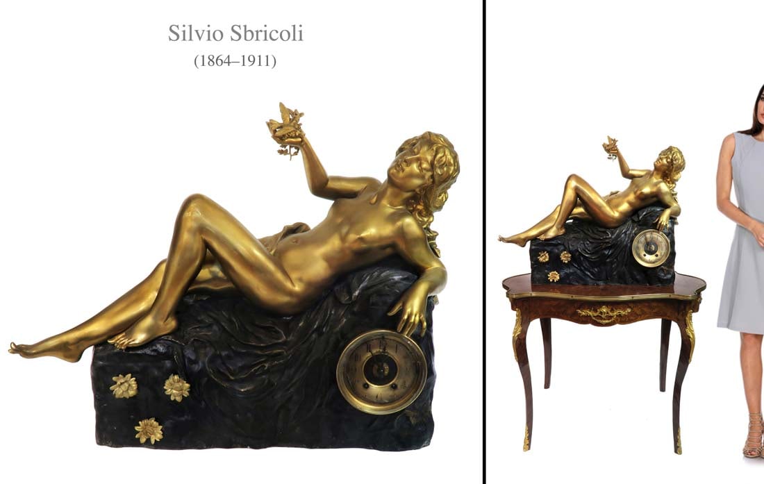 A Large Art Nouveau French Orientalist Bronze Clock: Large Art Nouveau French Orientalist Bronze Clock By Silvio Sbricoli, Circa 1900. 33" x 10" x H 26". NOTE: The base (table) is NOT included! About Artist: Silvio Sbricoli (1864 - 1911) was an Italian