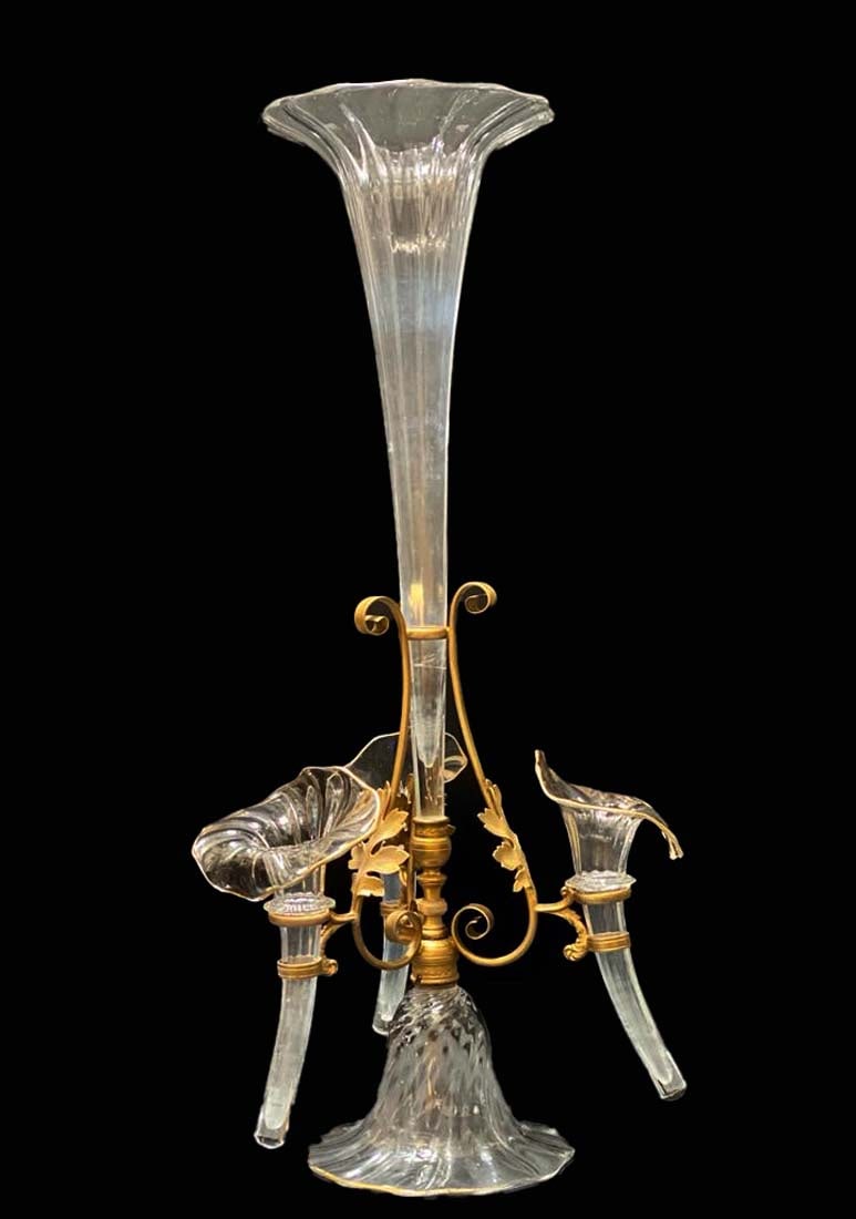A Large 19th C. Epergne Ruffled Glass Complete Centerpiece: A Large 19th C. Epergne Ruffled Glass Complete Centerpiece. H 21.75"