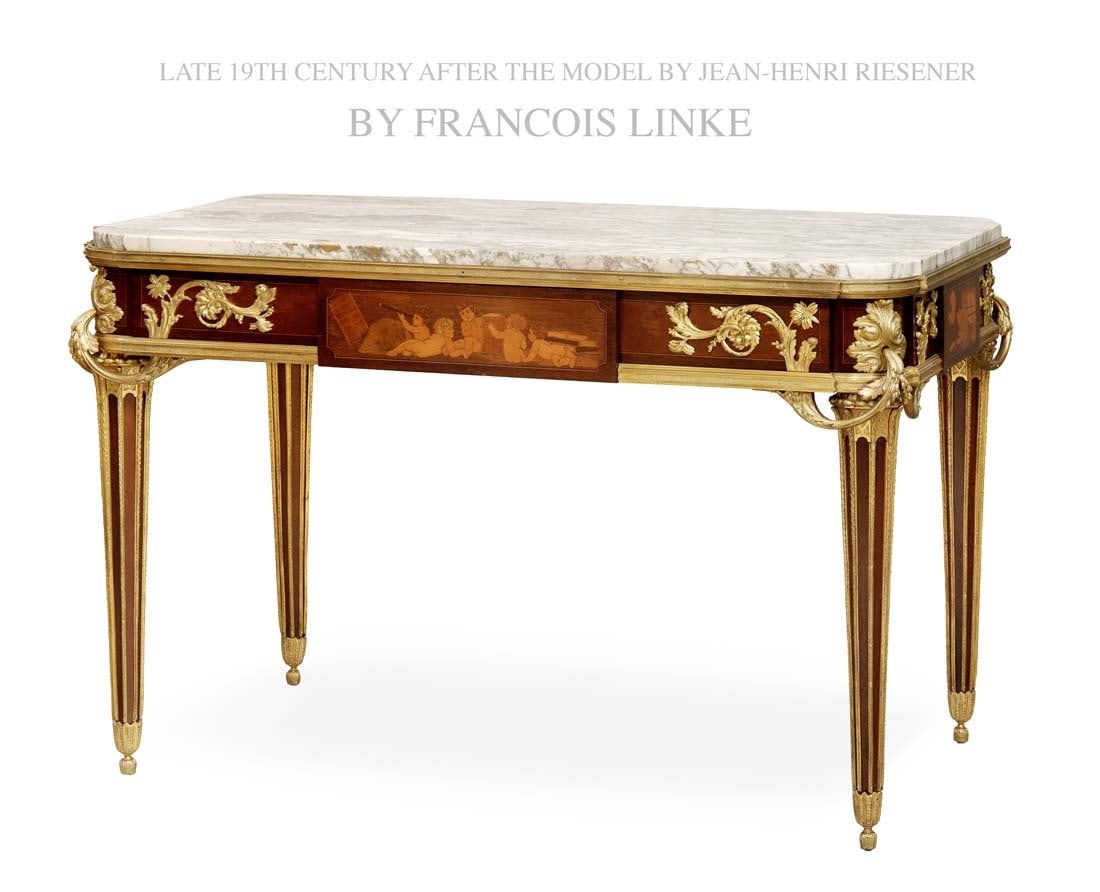 A FINE F.LINKE BRONZE MOUNTED MAHOGANY & MARQUETRY CENTER TABLE: A FINE FRENCH F. LINKE ORMOLU-MOUNTED MAHOGANY & MARQUETRY CENTER TABLE. L 46" X H 31" X W 27"