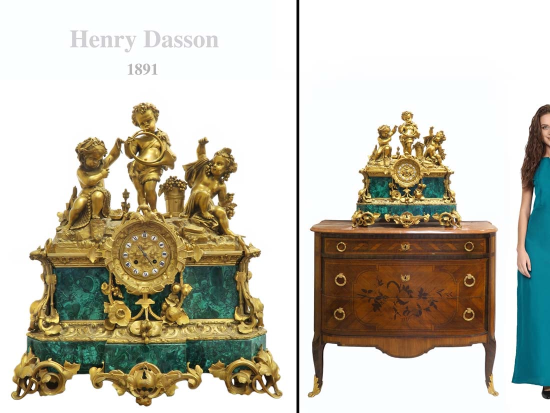 LARGE HENRY DASSON FIGURAL BRONZE & MALACHITE CLOCK: LARGE 19TH C. HENRY DASSON FIGURAL ORMOLU BRONZE AND MALACHITE MANTEL CLOCK. NOTE: The base is NOT included! H 29" x 25" x 9"