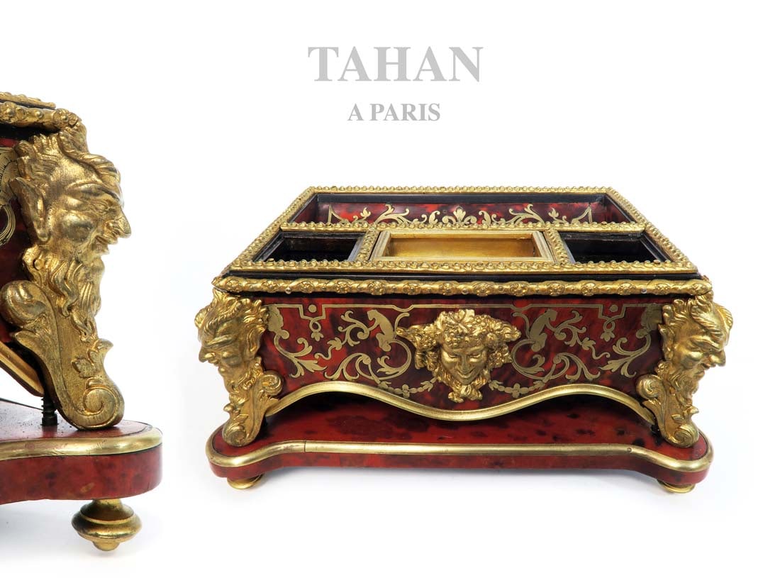19th C. TAHAN Inkwell Boulle Marquetry Napoleon III: 19th C. Signed TAHAN A Paris inkwell Bronze Boulle Marquetry Napoleon III. 10" x 7" x H 5"