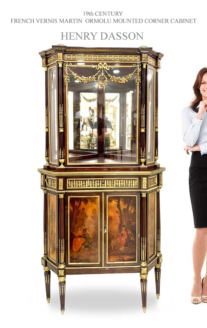 19th C. Henry Dasson Bronze Vernis Martin Corner Cabinet, Signed: 19th Century French Ormolu Mounted Vernis Martin Corner Cabinet, signed by Henry Dasson. H 69” x 34” x 22”