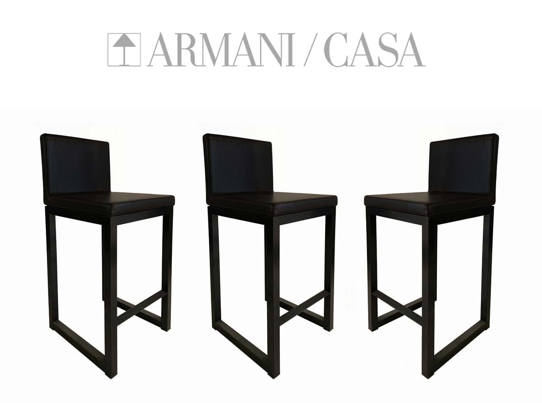 Armani / Casa Modern Bar Stools (Set of 3): Three Armani Casa Bar stool, Made in Italy. From the Italian manufacturer Armani Casa. The frame is made of metal in black matte color. size each one: total H 36.5" x 16.5" x 18", (seat H 26")