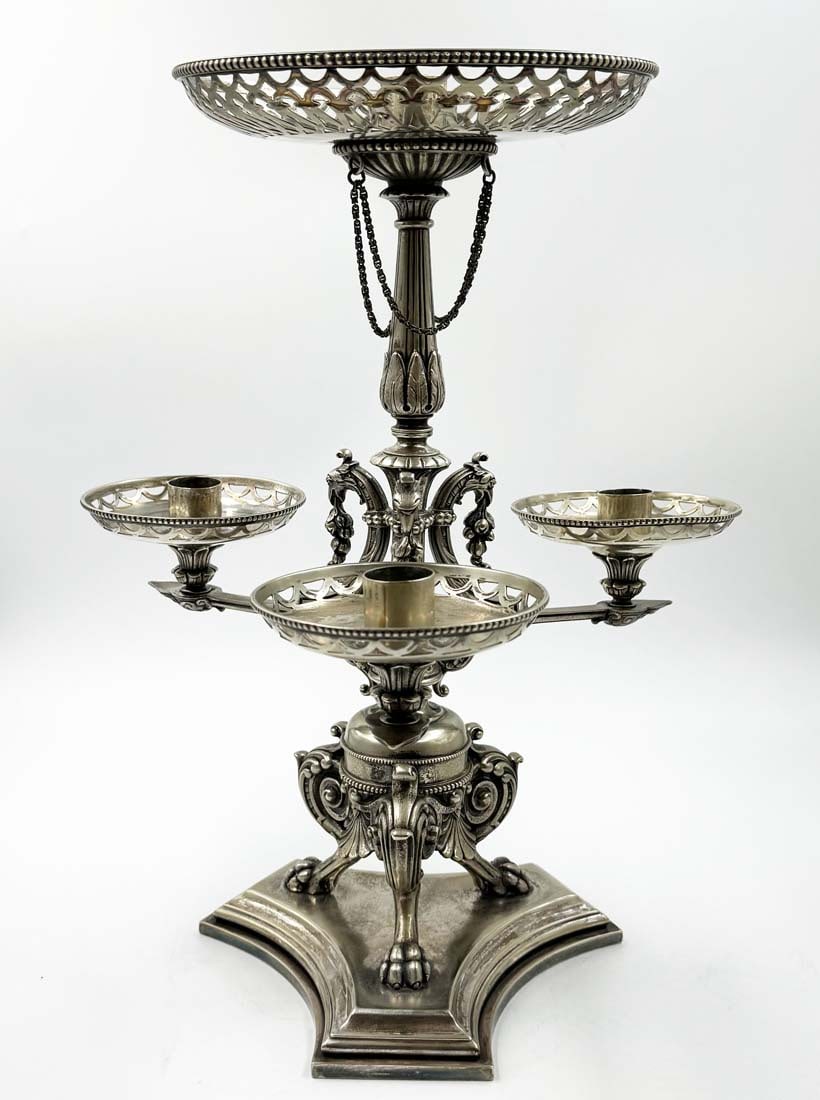 An English Silver Plated Centerpiece/Candelabra: An English Silver Plated Centerpiece/Candelabra. H 15" x 12" x 12"