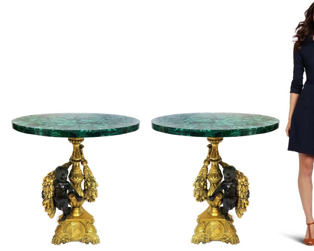 Pair of 19th C. Figural Bronze & Malachite Side Tables (1 of 3)