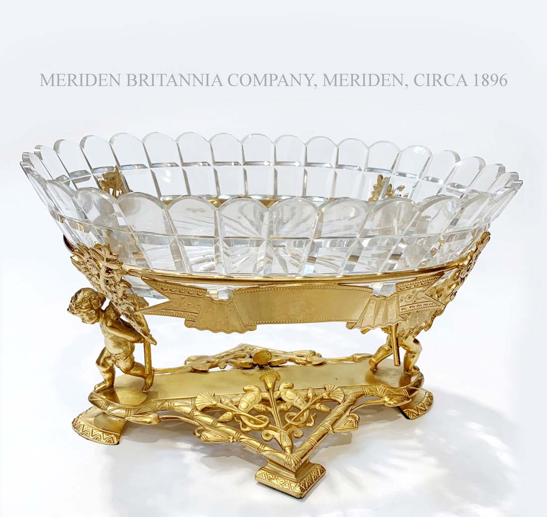 19th C. MERIDEN BRITISH COMPANY FIGURAL BRONZE CUT GLASS CENTERPIECE: A LATE 19th C. MERIDEN BRITANNIA COMPANY FIGURAL BRONZE CUT GLASS CENTERPIECE. 10" x 7" X H 6.5"