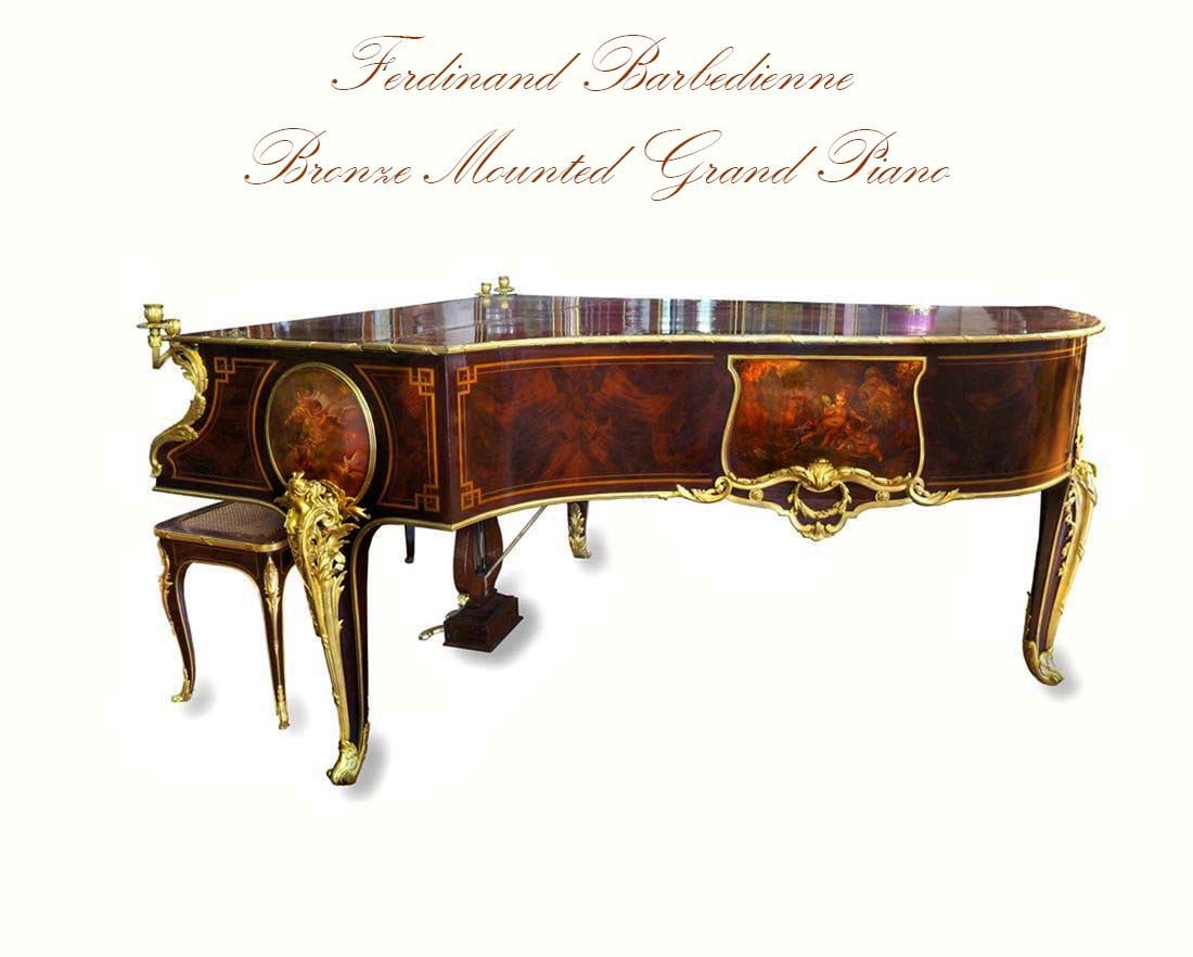 Magnificent F. Barbedienne Bronze Mounted Grand Piano: Magnificent F. Barbedienne Bronze Mounted Grand Piano. Signed on bronze and behind bronze. Case by Pleyel, Paris. H 39.1/2" x 83" x 67"
