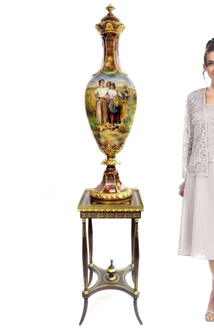 Monumental Royal Bonn Hand Painted Covered Vase 48": A Monumental Royal Bonn Hand Painted Covered Vase. H 48" x W 13". Note: Base is NOT included!