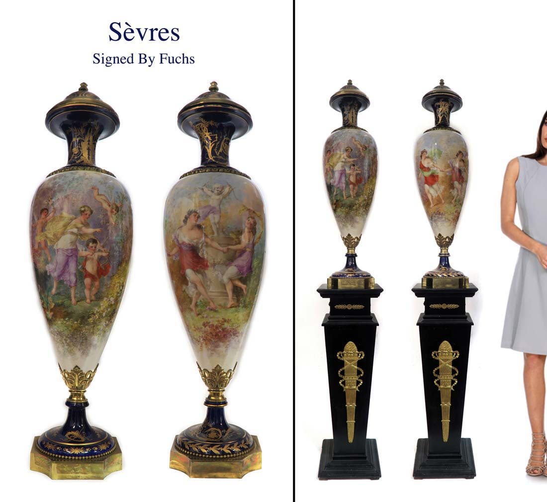 A Pair of 19th C Sevres Hand Painted Urns, Fuchs Signed: Pair of 19th Century Sevres Hand Painted Porcelain Urns (Signed By Fuchs). NOTE: The pedestals are NOT included! H 38"