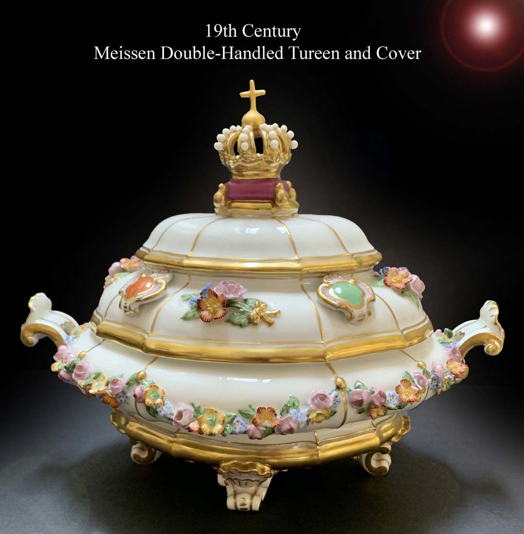 19th C. Meissen Double-Handled Miniature Covered Tureen/Centerpiece: 19th C. German Meissen Double-Handled Miniature Covered Tureen/Centerpiece. 8" x 5" x H 6.5"