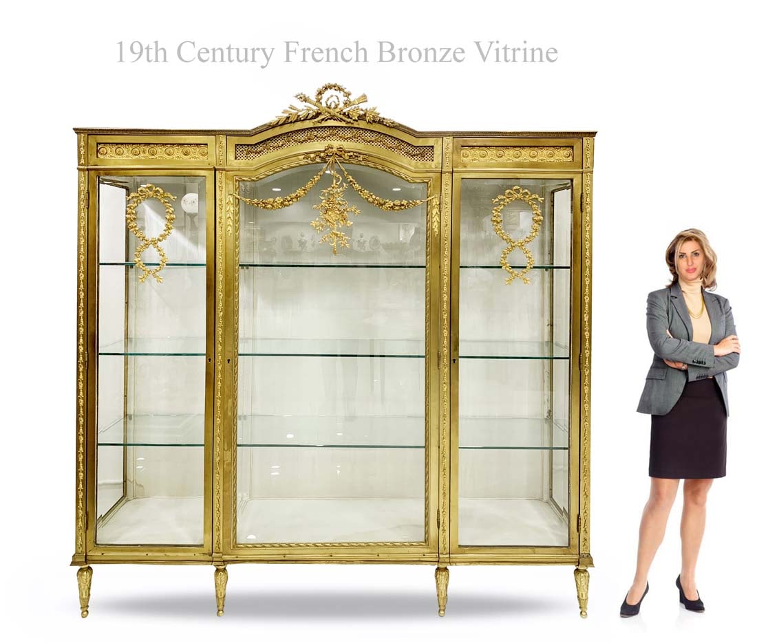 19th C. Large French Bronze Vitrine Cabinet: 19th C. Large French Bronze Vitrine Cabinet