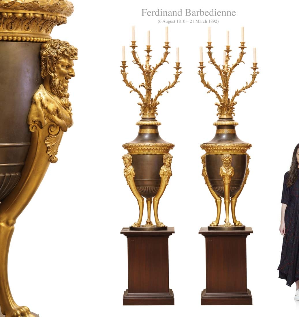 A Pair of Monumental 19th C. French F. Barbedienne Figural Bronze Stand Torchieres: A Pair of Monumental 19th C. French Ferdinand Barbedienne Figural Bronze Stand Torcher Lights. H 102". Note: The pedestals are NOT included!