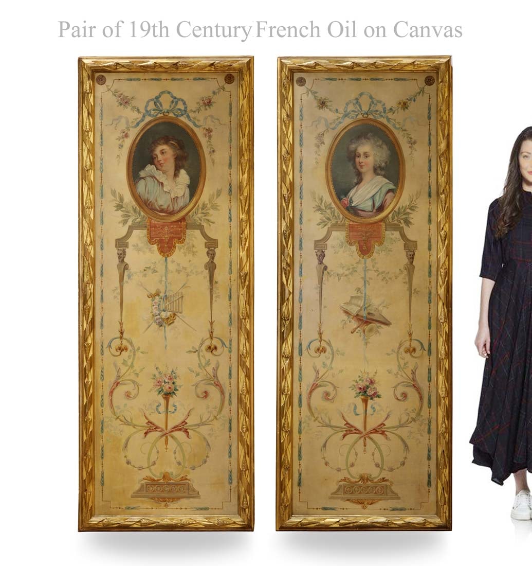 A Pair of Large 19th C. French Oil on Canvas Painting/Divider: A Pair of Large 19th Century French Oil on Canvas Painting/Partition/Divider. 75" x 28" (each one)