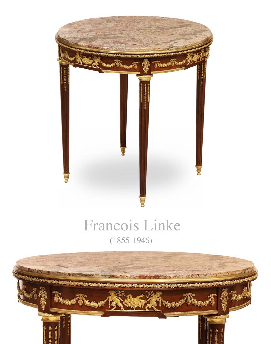 19th C. French F. Linke Louis XVI Style Mahogany Wood Gilt Bronze Marble Top Round Table: 19th Century French Francois Linke Louis XVI Style Mahogany Wood Gilt Bronze Marble Top Round Table. W 29" x H 30"