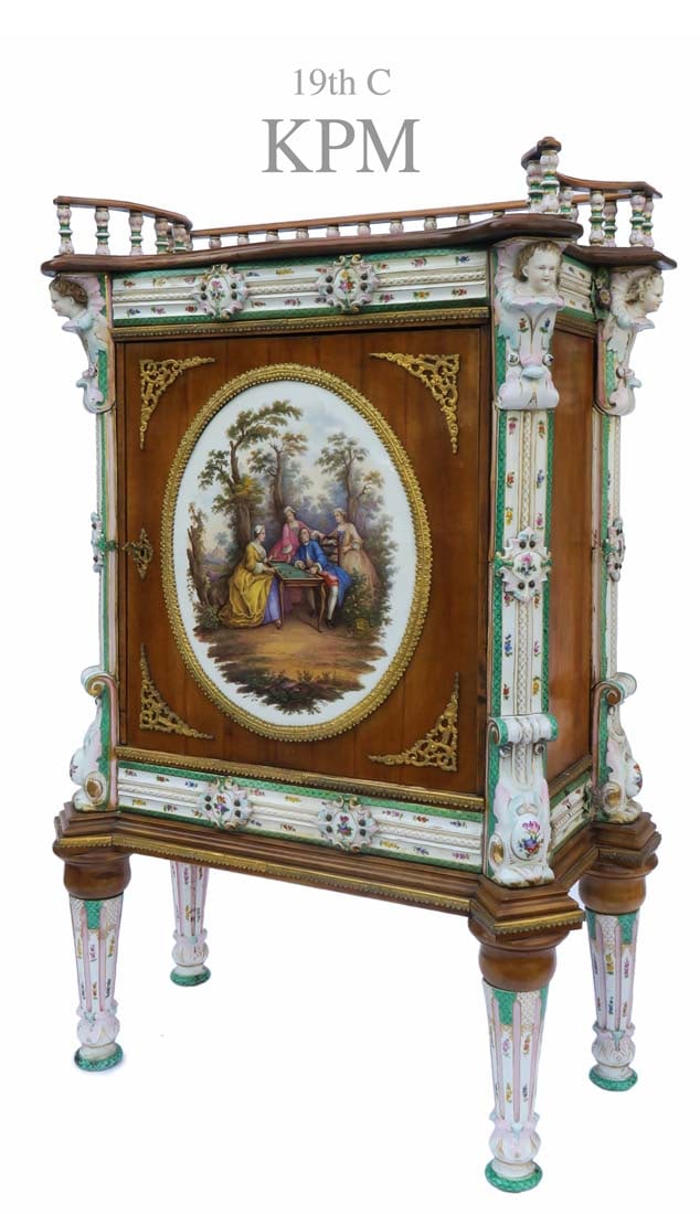 A Magnificent German KPM Figural Cabinet, 19th C.: 19th C. Magnificent German KPM Hand Painted Porcelain Figural Cabinet. H 45" x 30" x 16"