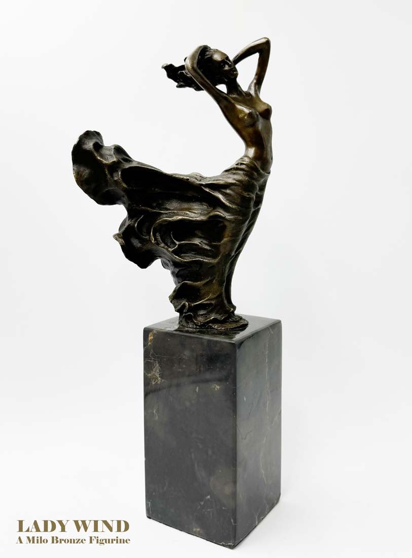 Lady In Wind, An Art Deco Bronze Figurine Signed By Milo: Lady In Wind, An Art Deco Handmade Hot-cast Bronze Statue on Marble base, Signed by "Milo". Total Size: H 12.75" x 4.75" x 3"