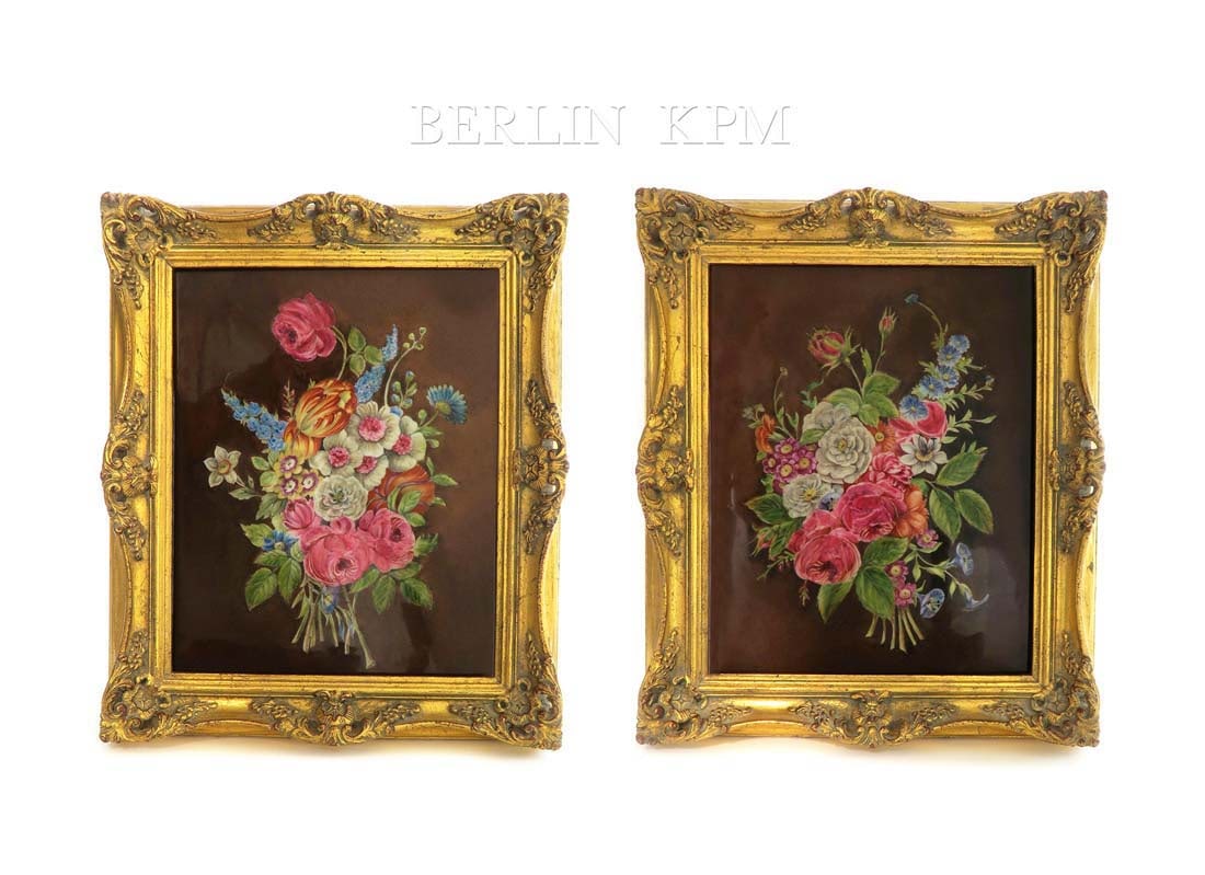 A Pair of 19th C. Floral Berlin KPM Plaques: A Pair of 19th C. Floral Berlin KPM Plaques. German hand painted porcelain. Frame: 15" x 12.5"