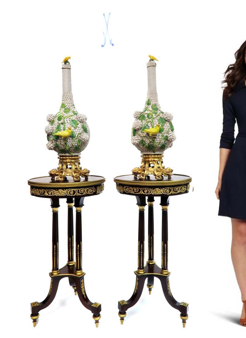 Pair of Monumental Meissen Snowball/Schneeballen Vases: Exceptional Pair of Monumental Size Meissen Snowball/Schneeballen Vases. German hand made porcelain. NOTE: The pedestals are NOT included! H 24.5" x W 9"