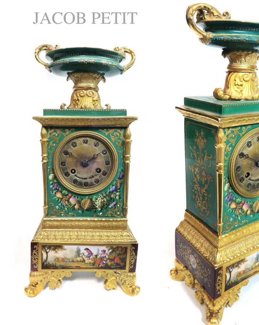 19TH C. FRENCH JACOB PETIT PORCELAIN MANTEL CLOCK: 19TH C. FRENCH JACOB PETIT PORCELAIN MANTEL CLOCK . Circa 1845. Hallmarked: J.P., 15" x 6.3/4" x 4.5/8"