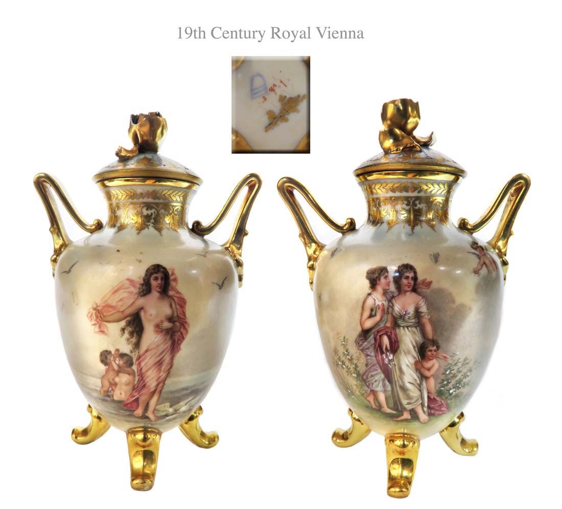 Superior 19th C. Pair of Royal Vienna Porcelain Vases: Superior 19th C. Pair of Royal Vienna Porcelain Vases/Urns. H 5.1/2" x W 4"