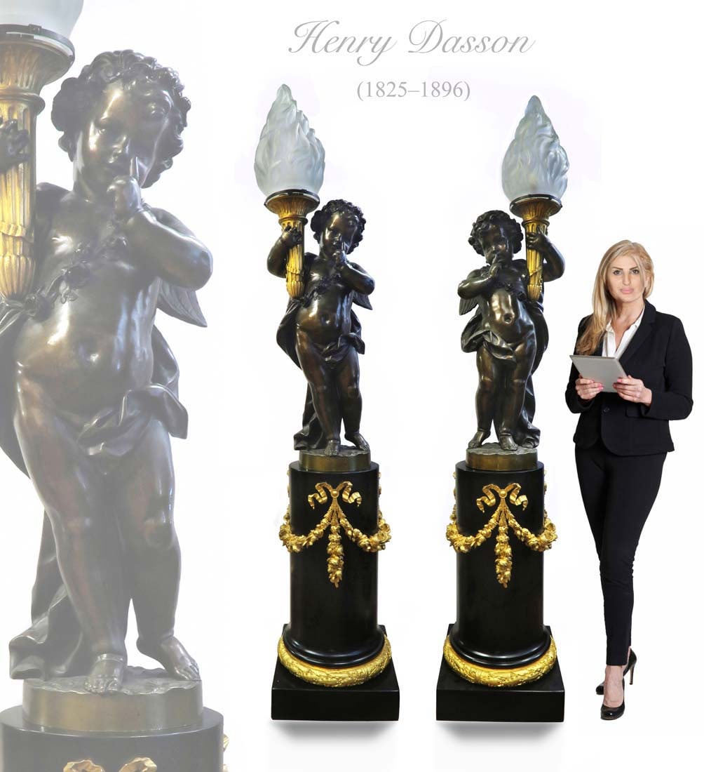 PAIR OF MONUMENTAL HENRY DASSON FIGURAL TORCHIERE LAMP: A PAIR OF MONUMENTAL 19TH C. FRENCH HENRY DASSON FIGURAL TORCHIERE BRONZE LAMP ON MARBLE BASE. H 89"