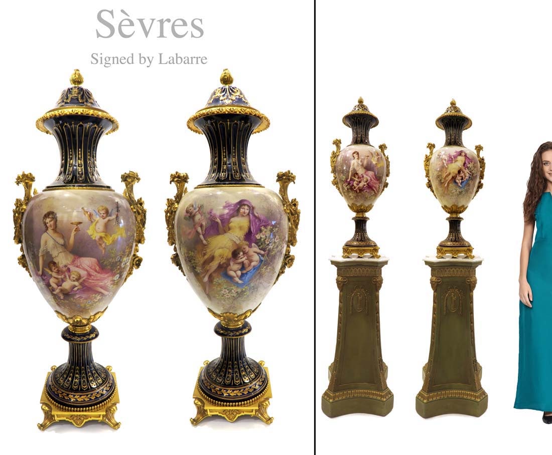 A PAIR OF 19TH C. BRONZE SEVRES LIDDED VASES, SIGNED: A PAIR OF 19TH C. ORMOLU-MOUNTED SEVRES COBALT BLUE-GROUND VASES AND COVERS, Singed by Labarre. NOTE: The pedestals ARE NOT included! H 41"