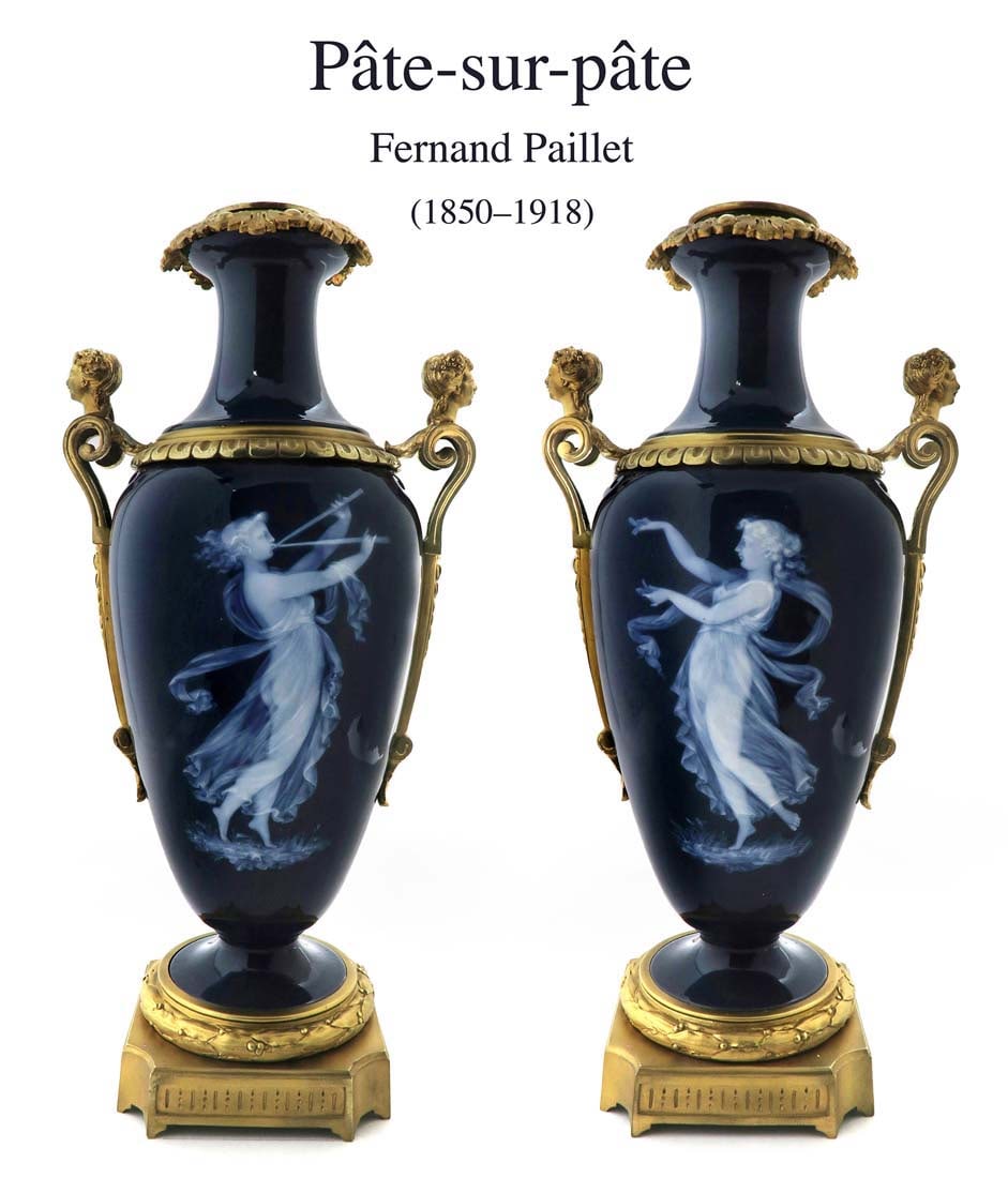 A Pair of Bronze PATE-SUR-PATE Vases by Fernand Paillet: A PAIR OF 19TH CENTURY Attributed Sevres Porcelain & Bronze PATE-SUR-PATE VASES by Fernand Paillet. Fernand Paillet (1850-1918) was a French figurine artist, miniature portraitist and jewelry designer