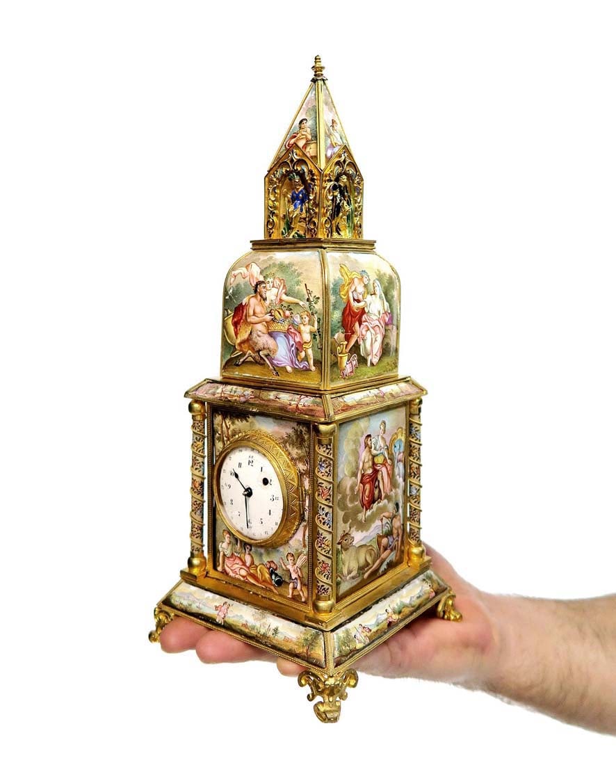 A Large Viennese Enamel Clock: A Large Viennese enamel clock. Austrian Bronze hand painted enamel. H 11.5" x 4.5" x 4.5"