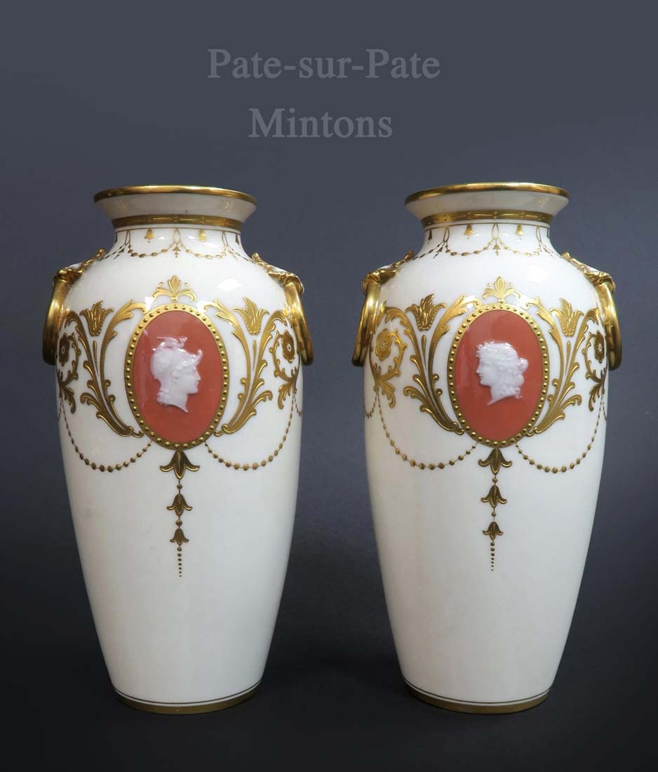 A Pair of 19th C. Minton Porcelain Pate-Sur-Pate: A Pair of 19th C Minton Porcelain Pate-Sur-Pate. H 8" x W 4"