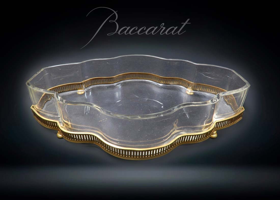 19th C. French Baccarat Crystal & Gilt Bronze Centerpiece Bowl: 19th C. French Baccarat Crystal & Gilt Bronze Centerpiece Bowl. H 3.5" x 12.5" x 6.5"