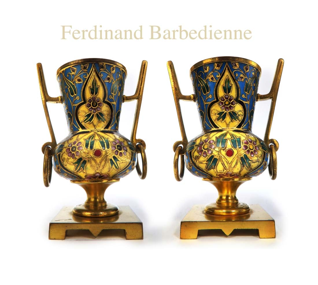 A Pair of 19th C. Gilt Bronze Champleve Vases, Barbedienne Signed (1 of 6)