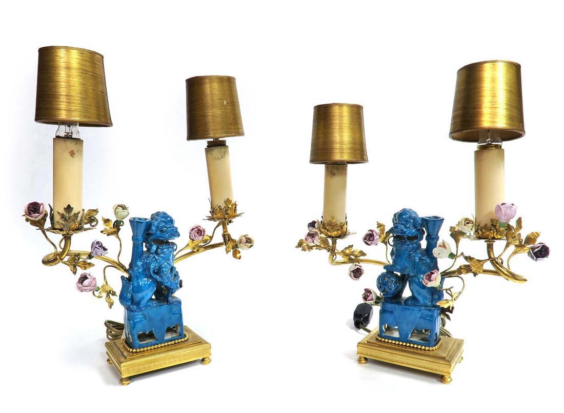 French Chinoiserie Porcelain & Bronze Fu Dogs. 19th C.: A Pair of 19th C. French Chinoiserie Porcelain & Bronze Fu Dogs. H 15.1/2" x 11" x 6"