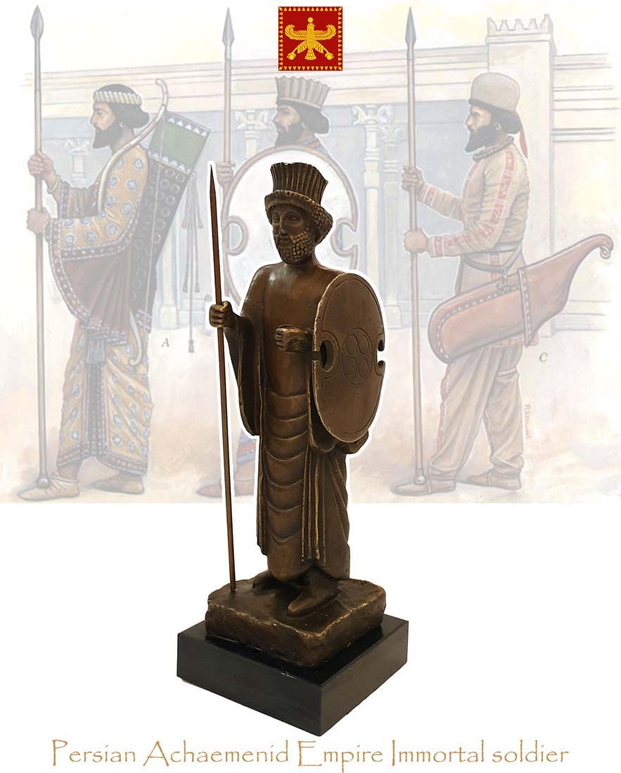 A Persian Achaemenid Empire Immortal, A Bronze Statue, Signed: A Persian Achaemenid Empire Immortal (Farsi: Javidan Soldier), A Bronze Statue on marble bass, Kanaev Signed. Weight: 10 LBS. H 14" x 5" x 5". About: Immortals or Persian Immortals was the name given