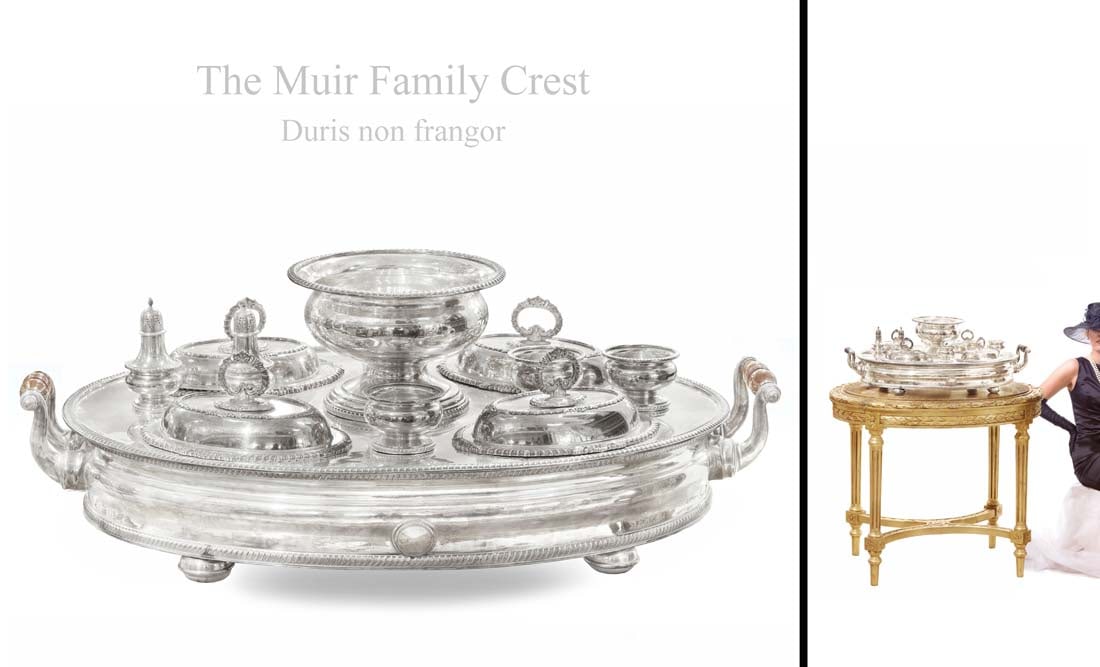 A Large Family Crest Hallmarked Silver-plated Breakfast Stand Dish Set: A Large Family Crest Hallmarked (Duris non frangor) Silver-plated Breakfast Stand Dish Set. Total Size: H 10" x 20" x 30", Note: The pedestal (table) is NOT included!