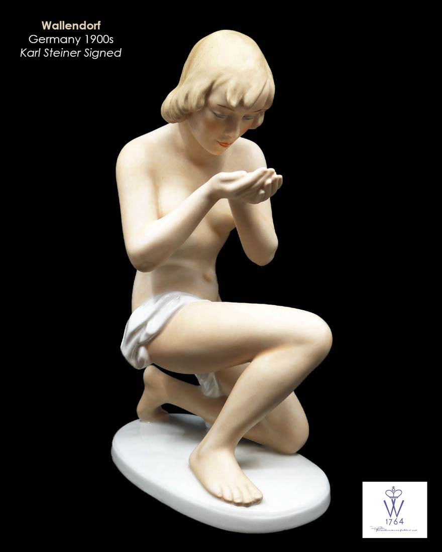 Kneeling & Drinking Water, Steiner Wallendorf Figurine: Kneeling & Drinking Water Girl, A Vintage German Steiner Wallendorf Hand-made Porcelain Figurine. H 9" x 5.1/4" x 3"