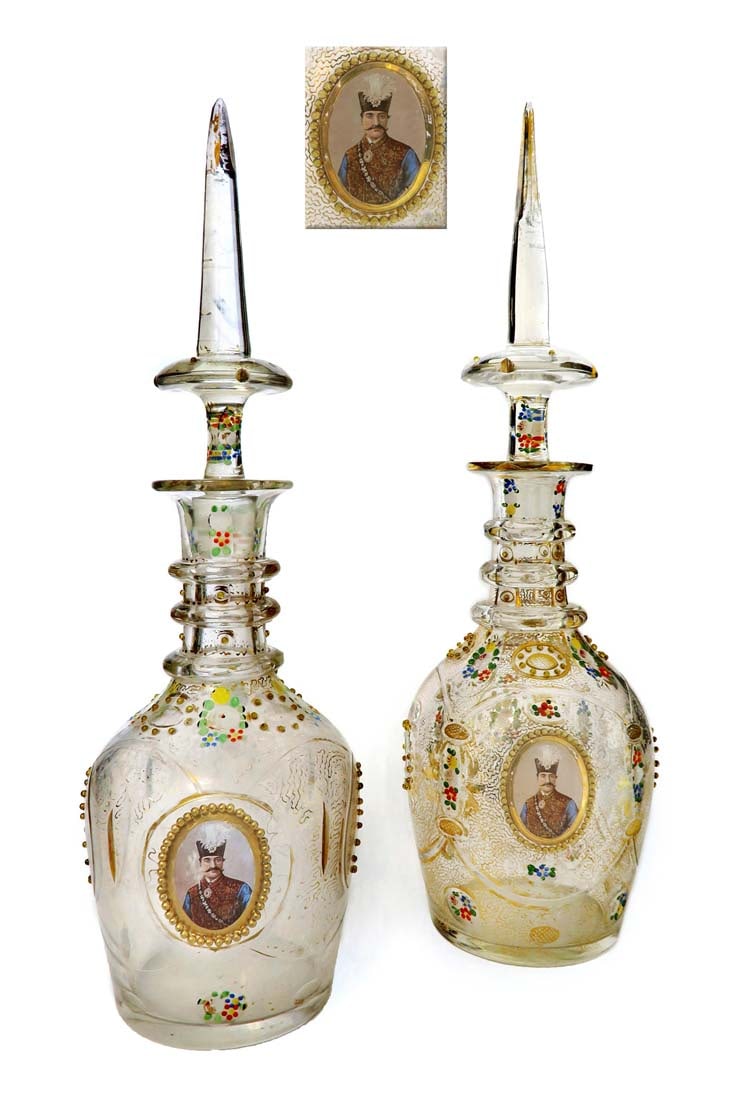 Near Pair of Persian Qajar Bohemian/Baccarat Decanters: Near Pair Of 19th C. PERSIAN Qajar Bohemian/Baccarat CLEAR CUT-GLASS DECANTER AND STOPPER. H 20.1/2" x D 6.1/2", H 22.1/4" x D 6.1/2"